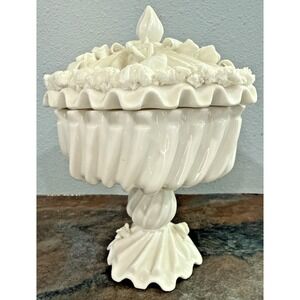 Vintage White Porcelain Lidded Trinket Box – Footed Swirl Pedestal – 7.5"